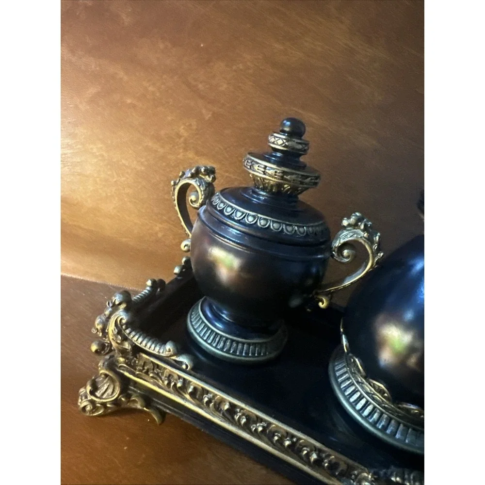 Hollywood Regency Resin Inkwell & Urn Vanity Tray 4pc Set Black Gold Decor